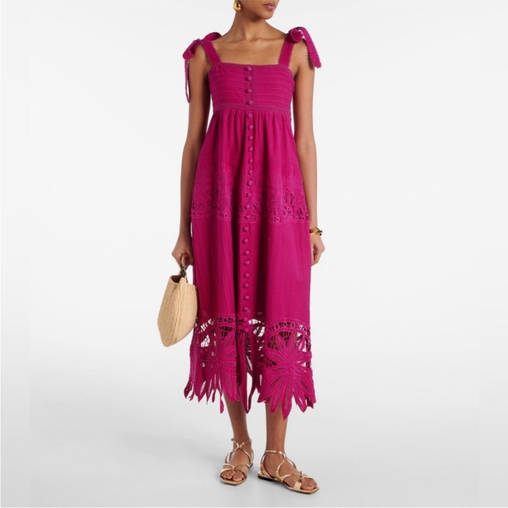 Farm Rio Daisy Cutwork Embroidered Sleeveless Tie Strap Pink Midi Dress size XS